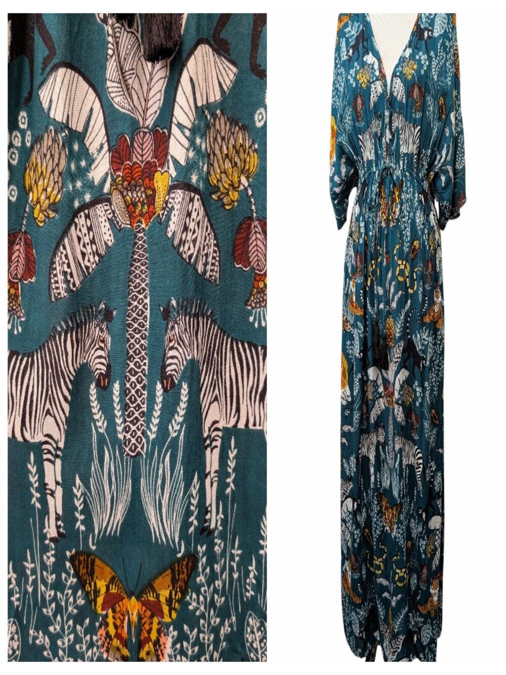 World Market Womens NWT Sz L/XL Green Jungle Animal Print Tassel Tie Maxi Dress